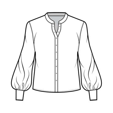 Blouse technical fashion illustration with curved mandarin collar, long bishop sleeves with cuff, oversized body. Flat apparel shirt template front, white color. Women, men, unisex top CAD mockupのイラスト素材