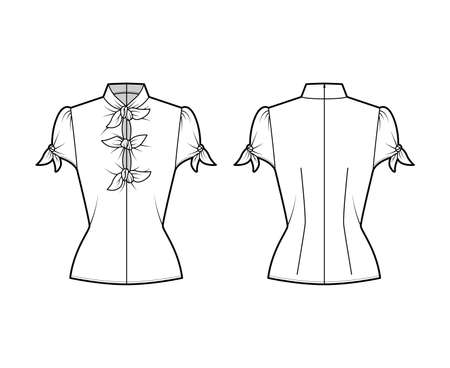 Knotted cutout blouse technical fashion illustration with high neckline, puffed volume sleeves, back zip fastening. Flat apparel template front, back white color. Women men unisex garment CAD mockupのイラスト素材