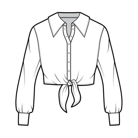 Cropped tie-front shirt technical fashion illustration with oversized collar and long sleeves. Flat apparel blouse template front, white color. Women, men and unisex top CAD mockupのイラスト素材