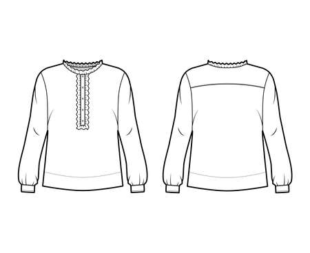 Shirt technical fashion illustration with oversized body, concealed button fastenings along front, ruffles, cropped sleeves. Flat apparel template front, back, white color. Women, men unisex mockupのイラスト素材