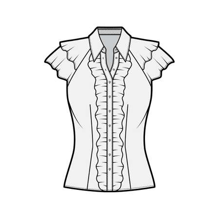 Ruffled shirt technical fashion illustration with sharp collar, fluttery ruffles short sleeves, fitted body. Flat apparel template front grey color. Women, men unisex garment CAD mockup for designerのイラスト素材