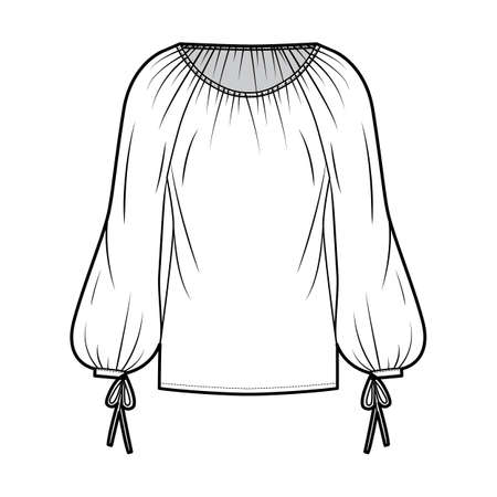 Blouse technical fashion illustration with wide round neckline, breezy silhouette, pintucked pleats, bishop sleeves. Flat apparel shirt template front, white, color. Women men unisex top CAD mockupのイラスト素材