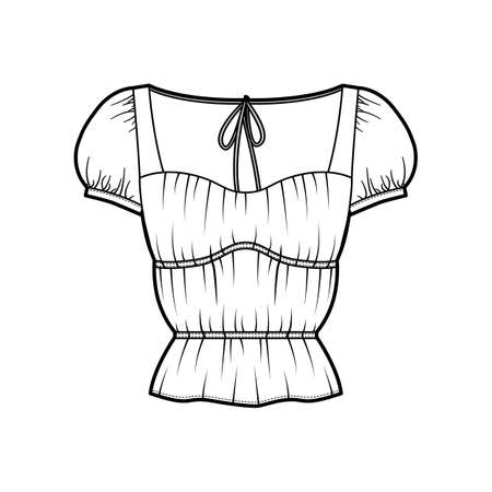 Shirt technical fashion illustration with oversized body, concealed button fastenings along front, ruffles, cropped sleeves. Flat apparel template front, back, white color. Women, men unisex mockupのイラスト素材