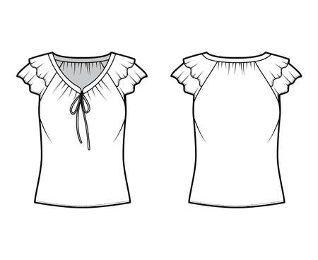 Blouse technical fashion illustration with ties at the V neckline, fluttery ruffles short sleeves, loose fitted body. Flat apparel template front, back white color. Women men unisex CAD garment mockupのイラスト素材