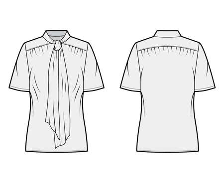 Pussy-bow blouse technical fashion illustration with oversized body, loose fit, short sleeves. Flat apparel template front, back, grey color. Women, men and unisex mockup CAD for designerのイラスト素材