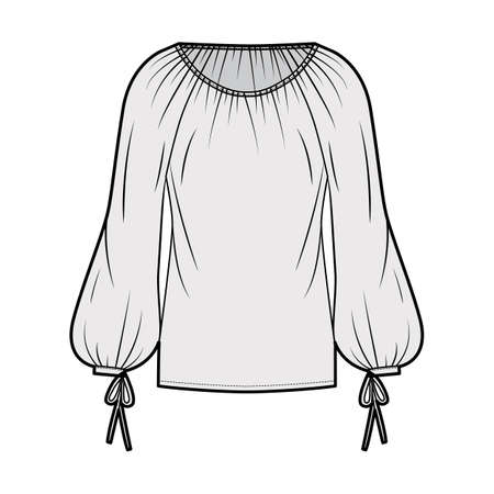 Blouse technical fashion illustration with wide round neckline, breezy silhouette, pintucked pleats, bishop sleeves. Flat apparel shirt template front, grey color. Women men unisex top CAD mockupのイラスト素材