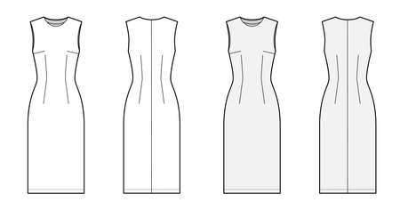 Sheath dress technical fashion illustration with fitted body, oval neck, sleeveless, pencil fullness, knee length. Flat apparel template front, back, white and grey color. Women, men unisex CAD mockupのイラスト素材