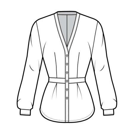 Blouse technical fashion illustration with, V-neckline baseball collar, long shirt sleeves, fitted, front button fastenings. Flat apparel template front, white color. Women men unisex top CAD mockupのイラスト素材