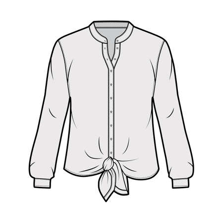 Shirt technical fashion illustration with curved mandarin stand collar, long sleeves, tie hem, oversized body. Flat apparel blouse template front, grey color. Women, men and unisex top CAD mockupのイラスト素材