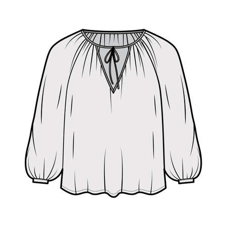Tie softly gathered neckline blouse technical fashion illustration with loose shape, long sleeves, drapes fluidly. Flat shirt apparel template front, grey color. Women, men unisex top CAD mockupのイラスト素材