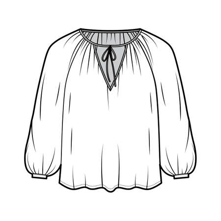 Tie softly gathered neckline blouse technical fashion illustration with loose shape, long sleeves, drapes fluidly. Flat shirt apparel template front, white color. Women, men unisex top CAD mockupのイラスト素材