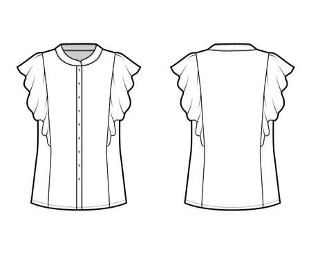 Shirt technical fashion illustration with oversized body, mandarin collar, front button fastenings, ruffled sleeves. Flat blouse apparel template front, back, white color. Women men unisex top mockupのイラスト素材
