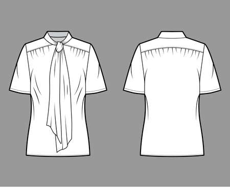 Pussy-bow blouse technical fashion illustration with oversized body, loose fit, short sleeves. Flat apparel template front, back, white color. Women, men and unisex mockup CAD for designerのイラスト素材