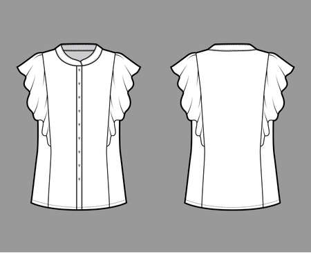 Shirt technical fashion illustration with oversized body, mandarin collar, front button fastenings, ruffled sleeves. Flat blouse apparel template front, back, white color. Women men unisex top mockupのイラスト素材
