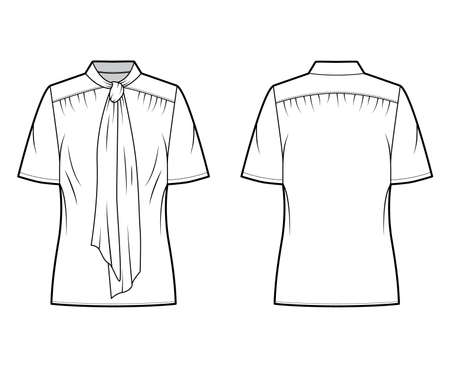 Pussy-bow blouse technical fashion illustration with oversized body, loose fit, short sleeves. Flat apparel template front, back, white color. Women, men and unisex mockup CAD for designerのイラスト素材