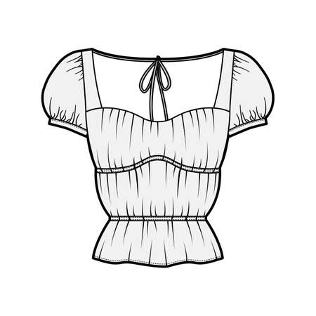 Shirt technical fashion illustration with oversized body, concealed button fastenings along front, ruffles, cropped sleeves. Flat apparel template front, back, white color. Women, men unisex mockupのイラスト素材