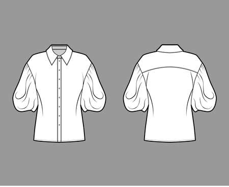 Shirt technical fashion illustration with elbow puff sleeves, oversized body, front button fastenings. Flat apparel blouse template front, back white color. Women men unisex top garment CAD mockupのイラスト素材