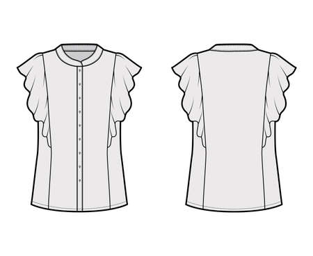 Shirt technical fashion illustration with oversized body, mandarin collar, front button fastenings, ruffled sleeves. Flat blouse apparel template front, back, grey color. Women men unisex CAD mockupのイラスト素材