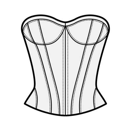 Corset-style top technical fashion illustration with fitted body, scoop strapless neckline, lacing back. Flat blouse apparel template front, grey color. Women, men unisex CAD mockupのイラスト素材
