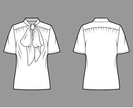 Pussy-bow blouse technical fashion illustration with oversized body, loose fit, short sleeves. Flat apparel template front, back, white color. Women, men and unisex mockup CAD for designerのイラスト素材