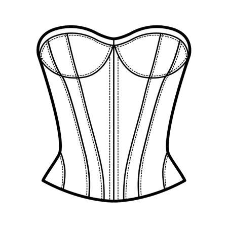 Corset-style top technical fashion illustration with fitted body, scoop strapless neckline, lacing back. Flat blouse apparel template front, white color. Women, men unisex CAD mockupのイラスト素材
