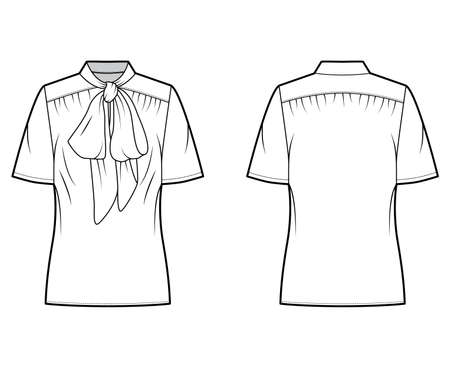 Pussy-bow blouse technical fashion illustration with oversized body, loose fit, short sleeves. Flat apparel template front, back, white color. Women, men and unisex mockup CAD for designerのイラスト素材