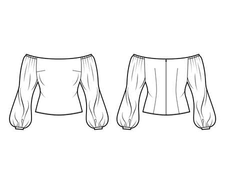 Off-the-shoulder top technical fashion illustration with long sheer puffy sleeves, back zip fastening. Flat apparel blouse template front, back, white color. Women, men and unisex mockup CADのイラスト素材