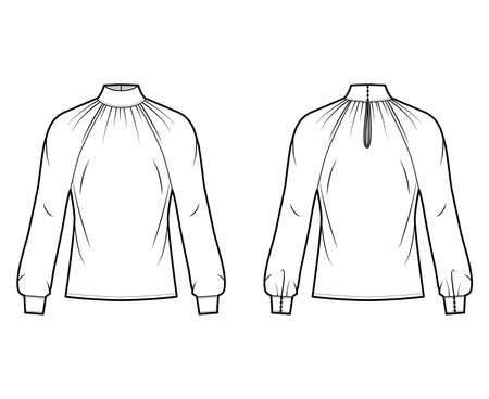 High-cut neck blouse technical fashion illustration with long sleeves with cuff, loose fit, button-fastening keyhole at back. Flat apparel shirt template front back white color. Women men unisex CADのイラスト素材