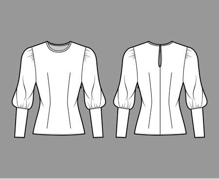 Blouse technical fashion illustration with round neckline, puffy mutton sleeves, fitted body, side zip fastening. Flat apparel template front white color. Women, men unisex CAD garment designer mockupのイラスト素材