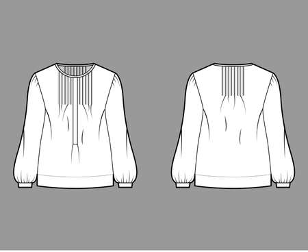 Pintucked top technical fashion illustration with oversized body, banded henley collar, long sleeves. Flat blouse apparel template front, back, white color. Women, men unisex shirt CAD mockupのイラスト素材