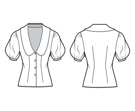 Blouse technical fashion illustration with collar framing the plunging V neck, oversized medium puffed sleeves, fitted body. Flat apparel template front back white color. Women men unisex CAD mockupのイラスト素材