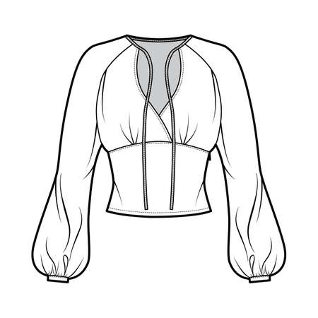Blouse technical fashion illustration with long bishop sleeves, surplice neckline ties at front, fitted body. Flat apparel shirt template front, white color. Women men, unisex top CAD mockupのイラスト素材