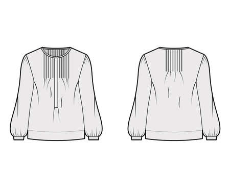 Pintucked top technical fashion illustration with oversized body, banded henley collar, long sleeves. Flat blouse apparel template front, back, grey color. Women, men unisex shirt CAD mockupのイラスト素材
