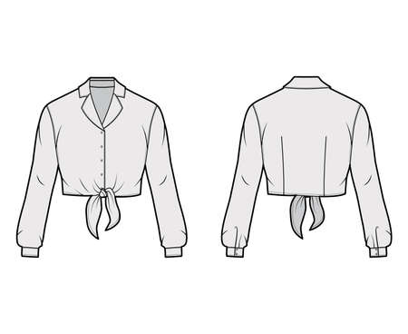 Cropped tie-front shirt technical fashion illustration with notched lapel collar and long sleeves. Flat apparel blouse template front back, grey color. Women, men and unisex top CAD mockupのイラスト素材