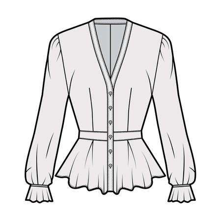 Peplum blouse technical fashion illustration with, V-neckline, baseball collar, romantic sleeves, pleated hem, fitted. Flat shirt apparel template front, grey color. Women men unisex top CAD mockupのイラスト素材