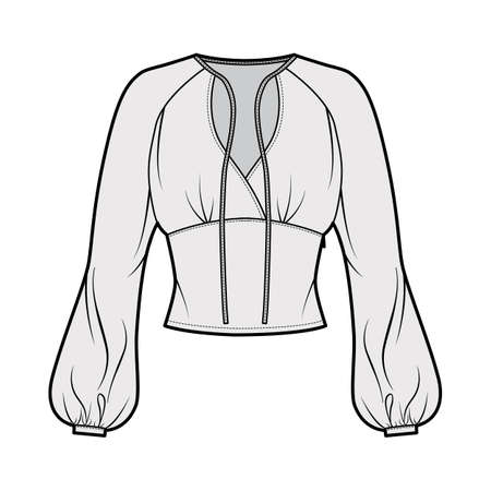 Blouse technical fashion illustration with long bishop sleeves, surplice neckline ties at front, fitted body. Flat apparel shirt template front, grey color. Women men, unisex top CAD mockupのイラスト素材