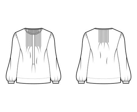 Pintucked top technical fashion illustration with oversized body, banded henley collar, long sleeves. Flat blouse apparel template front, back, white color. Women, men unisex shirt CAD mockupのイラスト素材