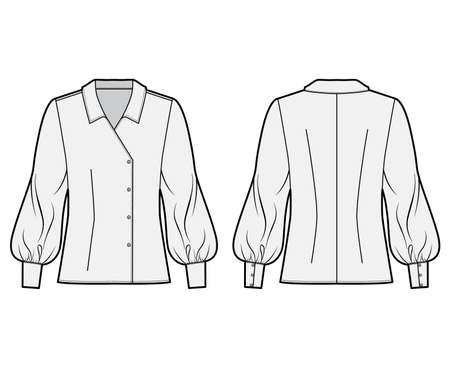 Blouse technical fashion illustration with oversized body, long bishop sleeves, regular collar, double breasted. Flat apparel template front, back grey color. Women, men unisex CAD garment mockupのイラスト素材