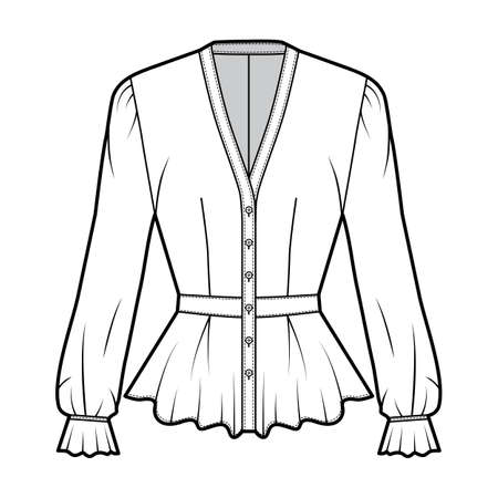 Peplum blouse technical fashion illustration with, V-neckline, baseball collar, romantic sleeves, pleated hem, fitted. Flat shirt apparel template front, white color. Women men unisex top CAD mockupのイラスト素材