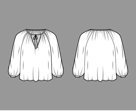 Tie softly gathered neckline blouse technical fashion illustration with loose shape, long sleeves, drapes fluidly. Flat shirt apparel template front, back, white color. Women, men unisex top CADのイラスト素材
