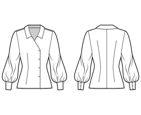 Blouse technical fashion illustration with regular collar, long bishop sleeves, fitted body, double breasted. Flat apparel template front back white color. Women men unisex CAD garment designer mockupのイラスト素材