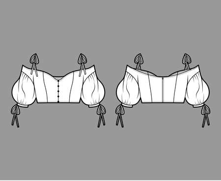 Lady cropped cold-shoulder top technical fashion illustration with voluminous sleeves, tie-fastening straps. Flat apparel blouse template front back, white color. Women, men, unisex shirt CAD mockupのイラスト素材