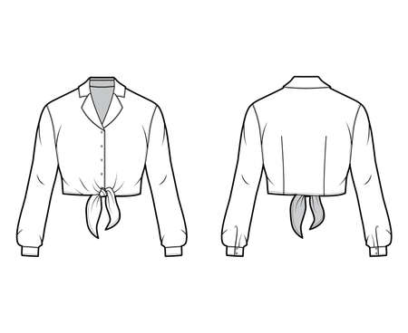 Cropped tie-front shirt technical fashion illustration with notched lapel collar and long sleeves. Flat apparel blouse template front back, white color. Women, men and unisex top CAD mockupのイラスト素材