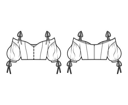 Lady cropped cold-shoulder top technical fashion illustration with voluminous sleeves, tie-fastening straps. Flat apparel blouse template front back, white color. Women, men, unisex shirt CAD mockupのイラスト素材