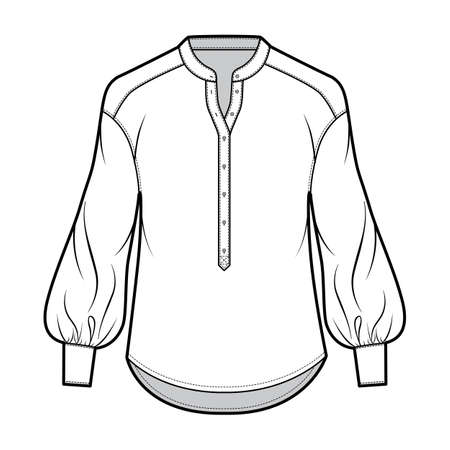 Gathered blouse technical fashion illustration with curved mandarin collar, henley neck, long bishop sleeves with cuff. Flat apparel shirt template front white color. Women, men, unisex top CAD mockupのイラスト素材