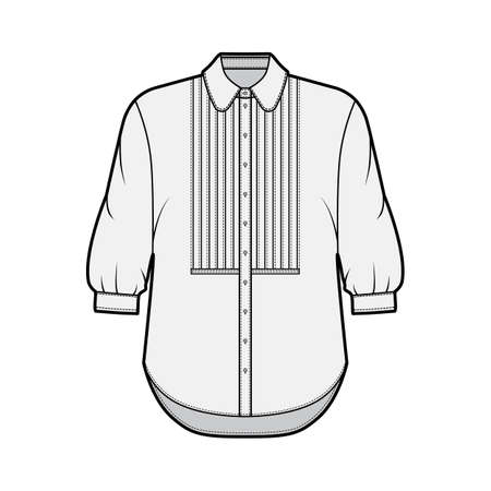 Shirt technical fashion illustration with bib, button down front opening, round collar, elbow sleeves with cuff, oversized body. Flat apparel template front grey color. Women, men unisex CAD mockupのイラスト素材