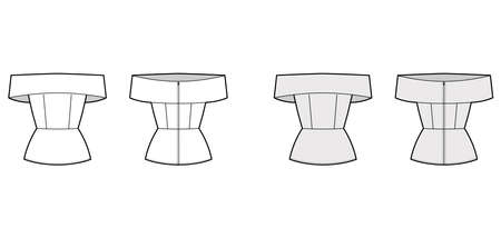 Off-the-shoulder peplum hem top technical fashion illustration with fitted body, zip fastening at back. Flat apparel blouse template front back, white, grey color. Women, men, unisex shirt CAD mockupのイラスト素材