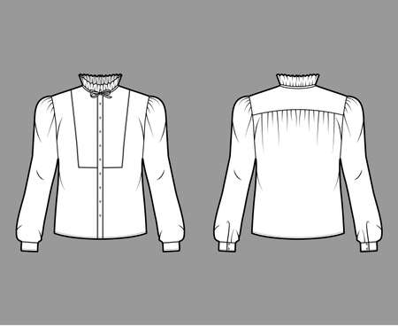Bow-detailed blouse technical fashion illustration with ruffled collar, long sleeves with cuff, paneled front. Flat apparel shirt template front, back, white color. Women men, unisex top CAD mockupのイラスト素材