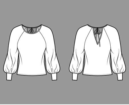 Blouse technical fashion illustration with wide round neck, exaggerated balloon raglan sleeves. sleeves, ties at back. Flat apparel shirt template front, back, white color. Women men unisex top CADのイラスト素材