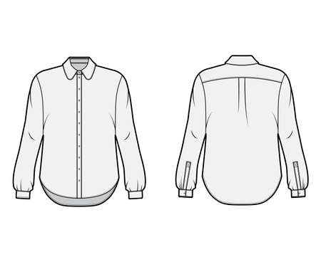 Classic shirt technical fashion illustration with button down front opening, round collar, long sleeves with cuff, oversized body. Flat apparel template front grey color. Women, men unisex CAD mockupのイラスト素材